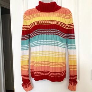 Women’s Red Multi-Stripe Turtleneck Sweater